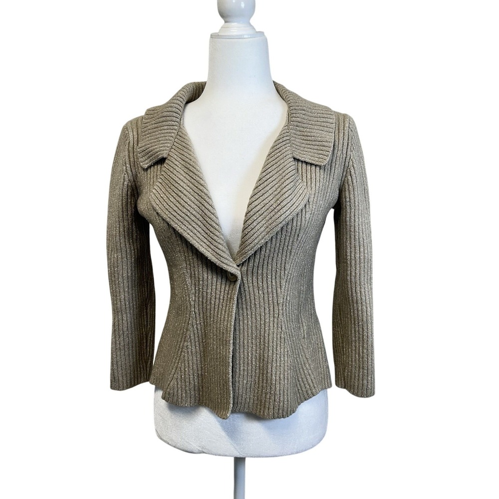 ST. JOHN Ribbed Knit Blazer Cardigan Wool Rayon Blend Notch Collar‎ Beige Size M